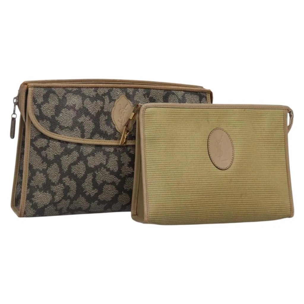Saint Laurent Clutch Bag 2set Beige Brown Gold Auth